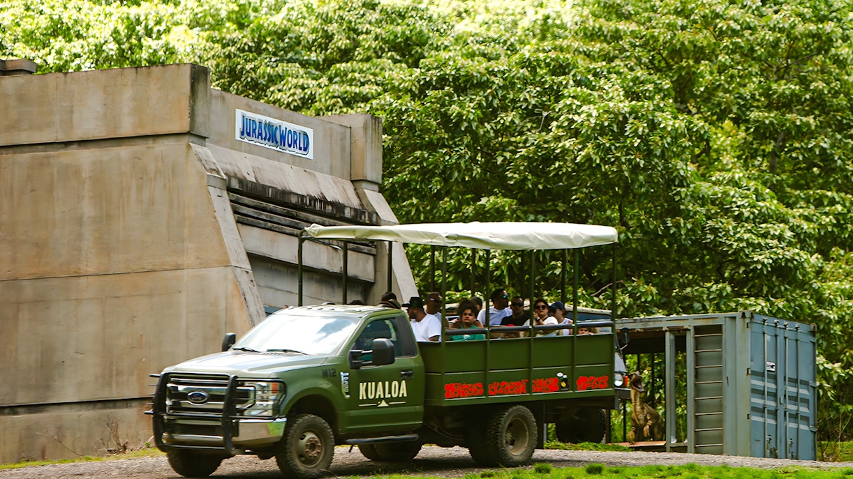Tour group on a Kualoa Ranch vehicle near Jurassic World set, Jurassic Adventure Tour, Hawaii.