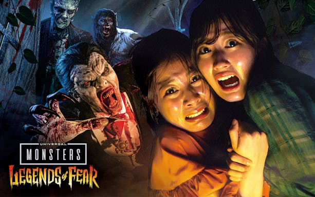 Visitors react in fear to Universal Monsters at Halloween Horror Night, Universal Studios Japan.