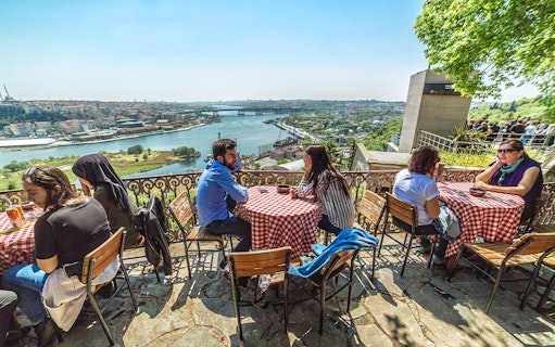 People enjoying a view of the Bosphorus Strait from Pierre Loti Hill café.