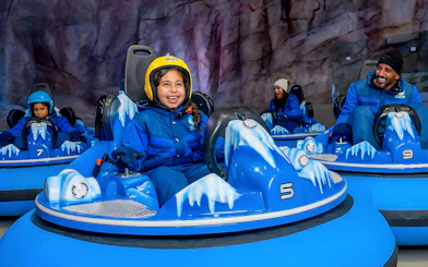 Children and adults enjoying bumper cars at Snow Abu Dhabi's Snow Park.