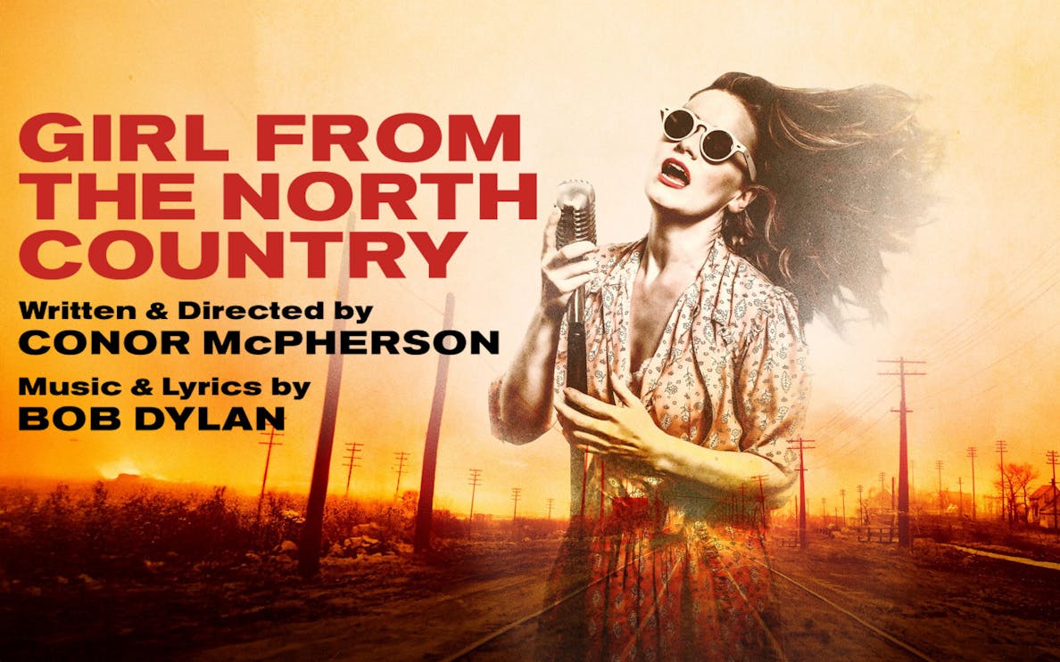 Poster for 'Girl from the North Country' with woman singing into a vintage microphone.