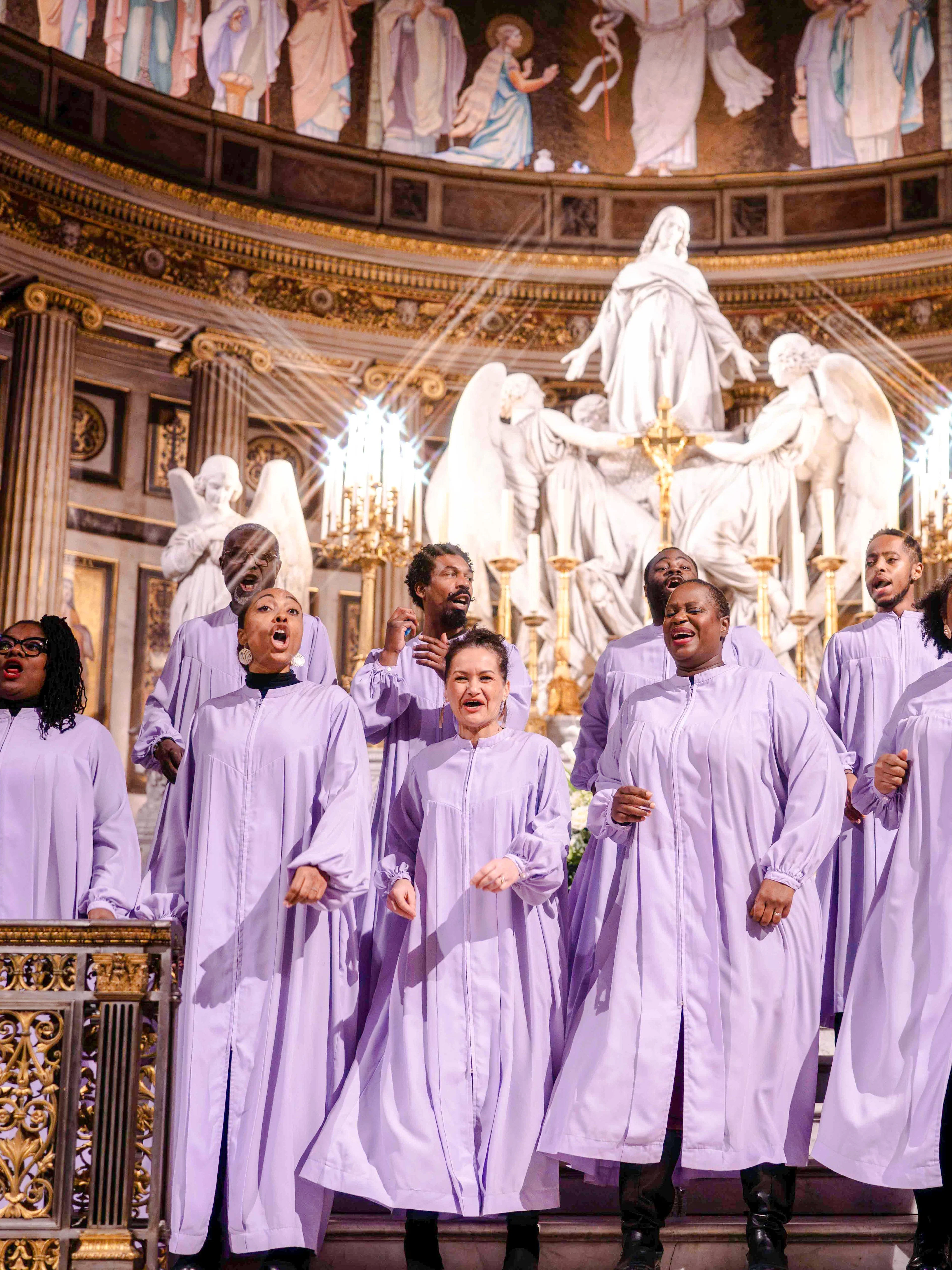 Gospel choir performing at Église de la Madeleine, Paris, France.