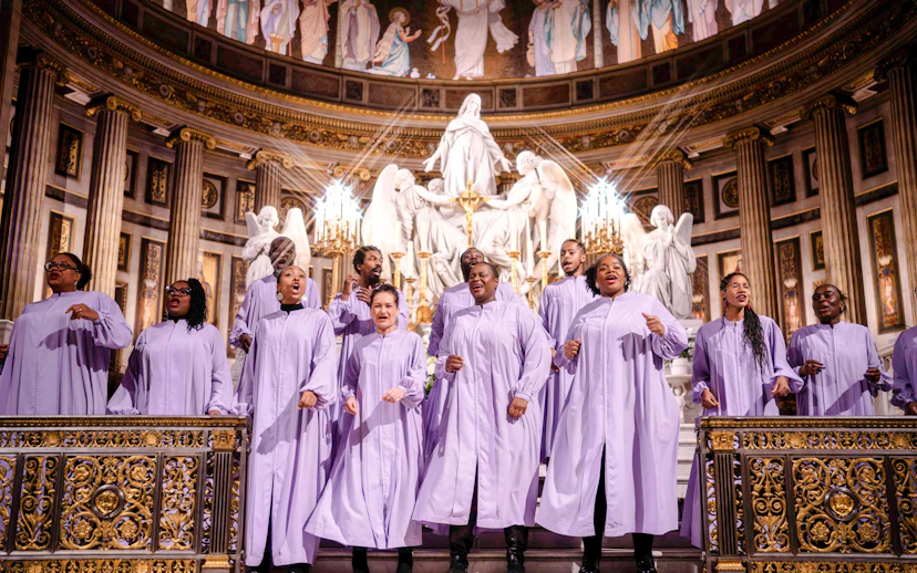 Gospel choir performing at Église de la Madeleine, Paris, France.