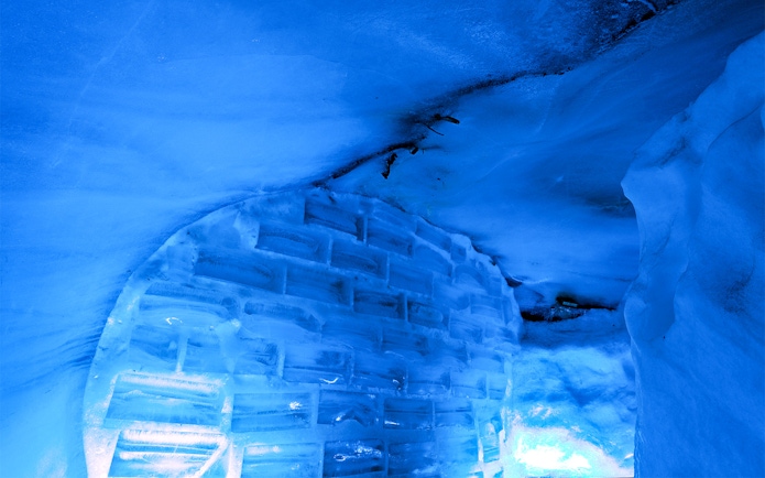 Ice walls inside Mount Titlis Glacier Cave, Switzerland.