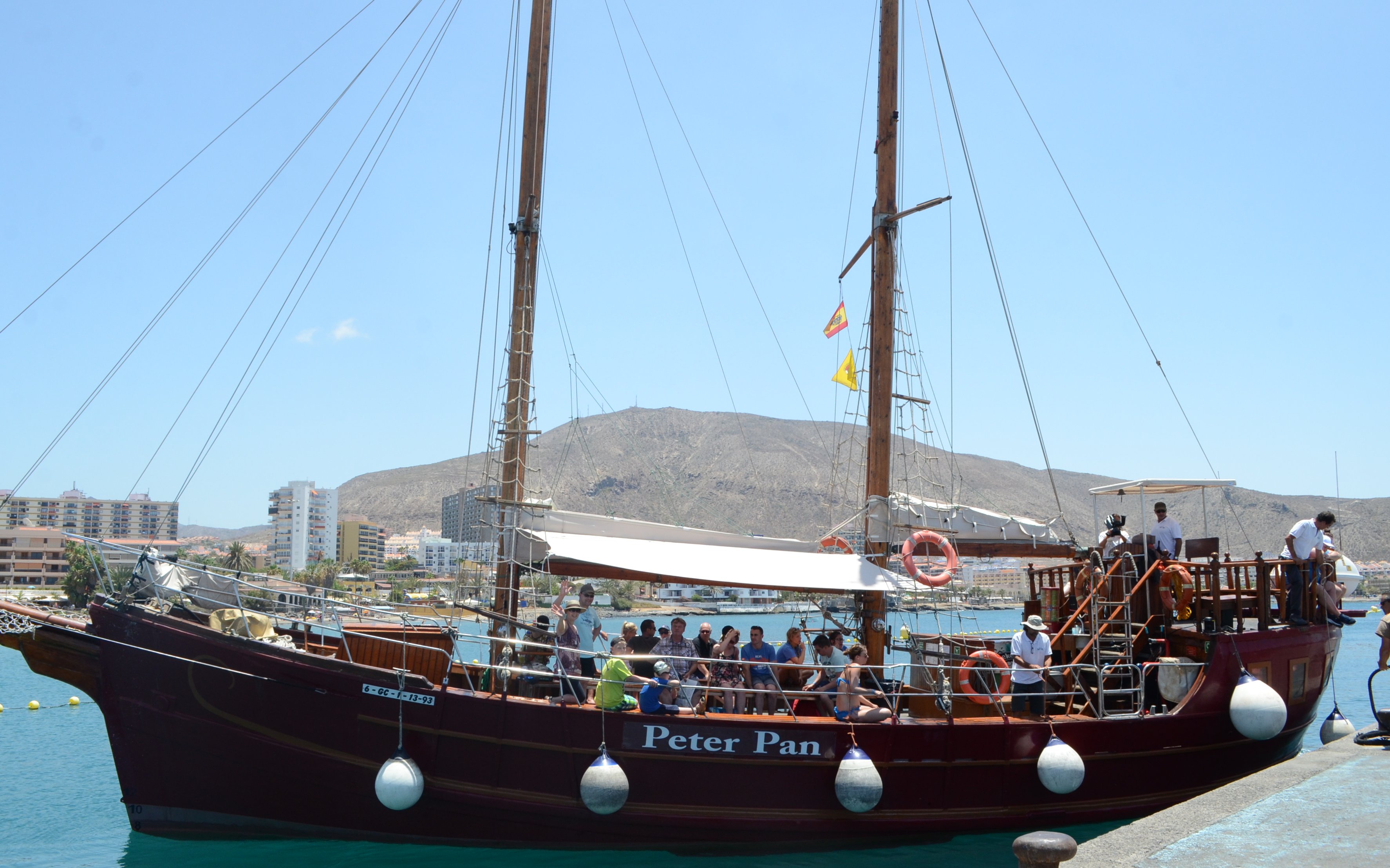 Tourists on Peter Pan pirate boat in Tenerife for whale and dolphin watching.