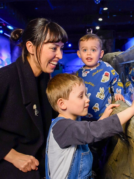 Family exploring SEA LIFE London aquarium exhibit.