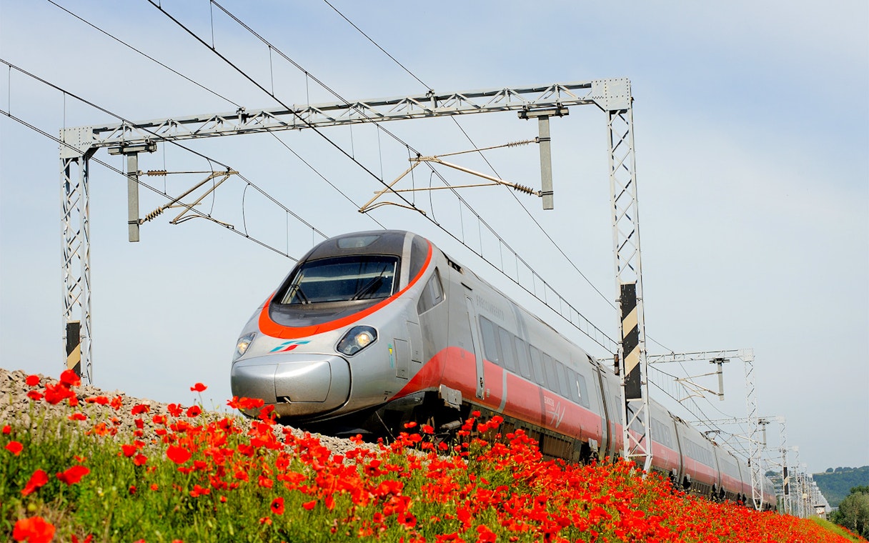 Trenitalia train traveling through a field of red poppies, Interrail Global Mobile Pass.