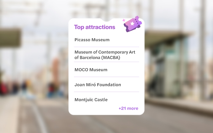 Tram stop in Barcelona with list of top attractions including Picasso Museum and Montjuïc Castle.