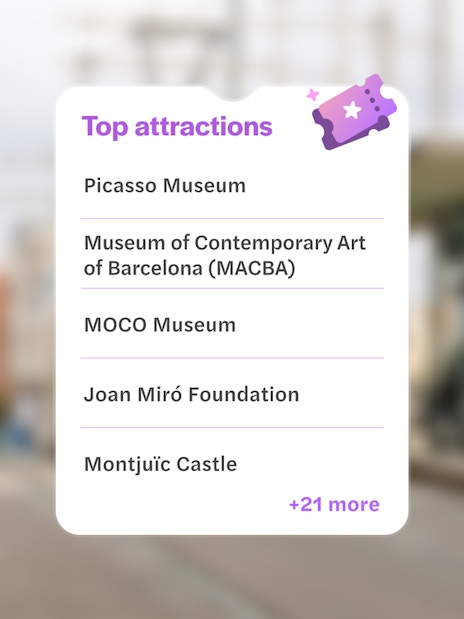 Tram stop in Barcelona with list of top attractions including Picasso Museum and Montjuïc Castle.