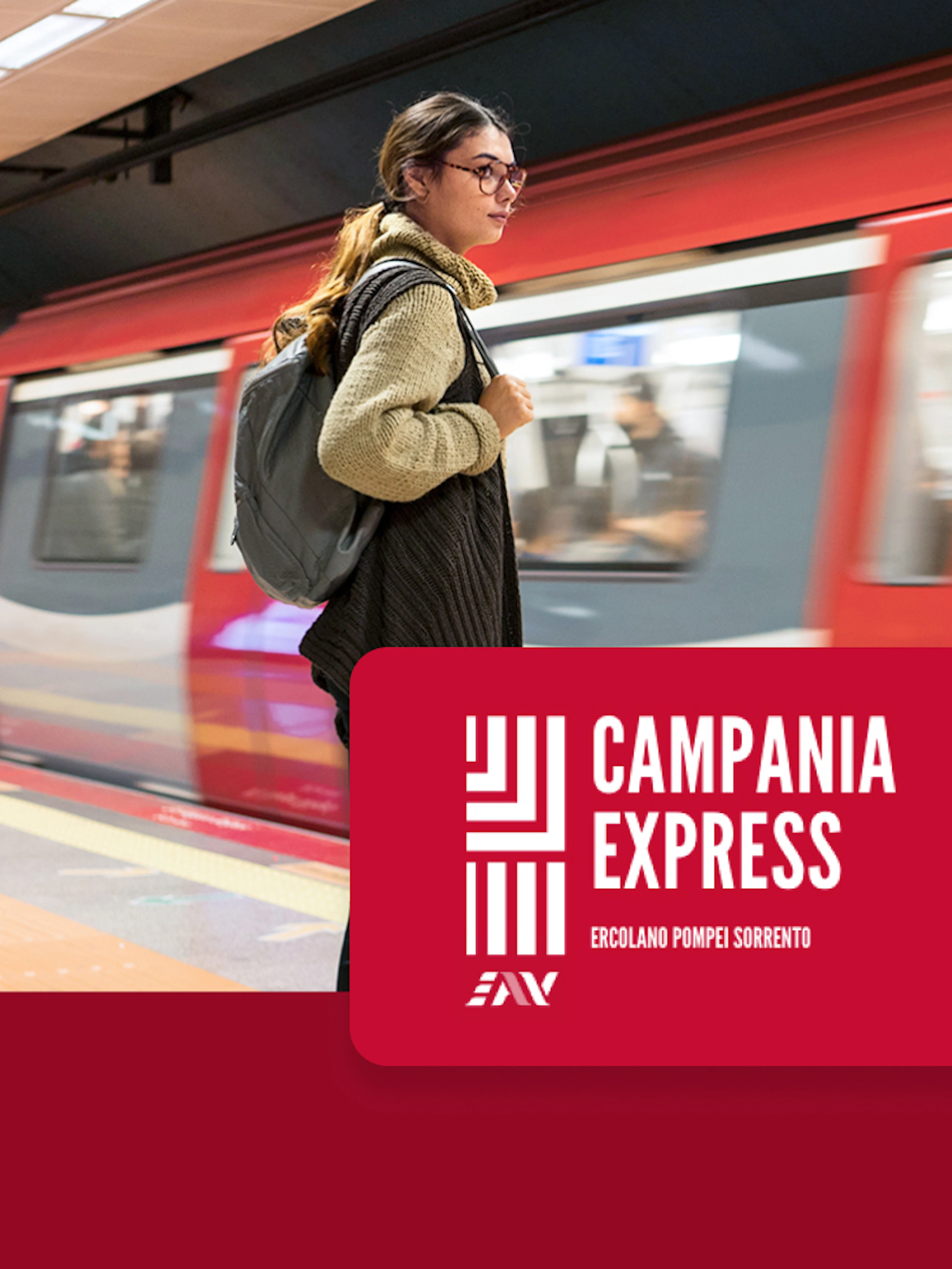 Campania Express train at station for Sorrento to Pompei transfer.