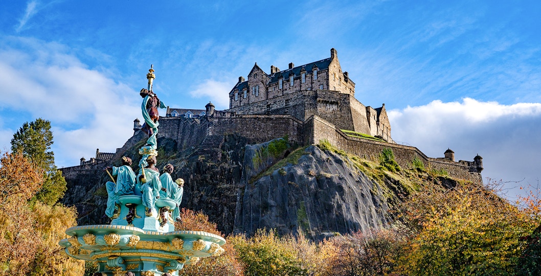 Edinburgh Castle on Castle Rock with Ross Fountain in the foreground, Scotland.