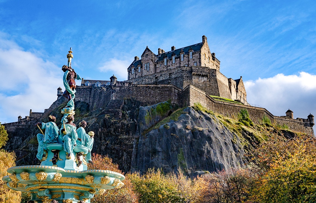 Edinburgh Castle on Castle Rock with Ross Fountain in the foreground, Scotland.
