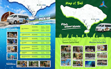 Shuttle schedule and activities for VIP Marine Safari in Bali, featuring animal encounters and shows.
