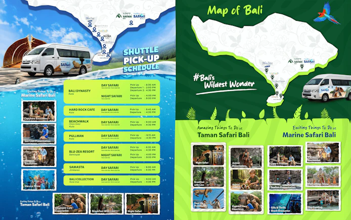 Shuttle schedule and activities for VIP Marine Safari in Bali, featuring animal encounters and shows.