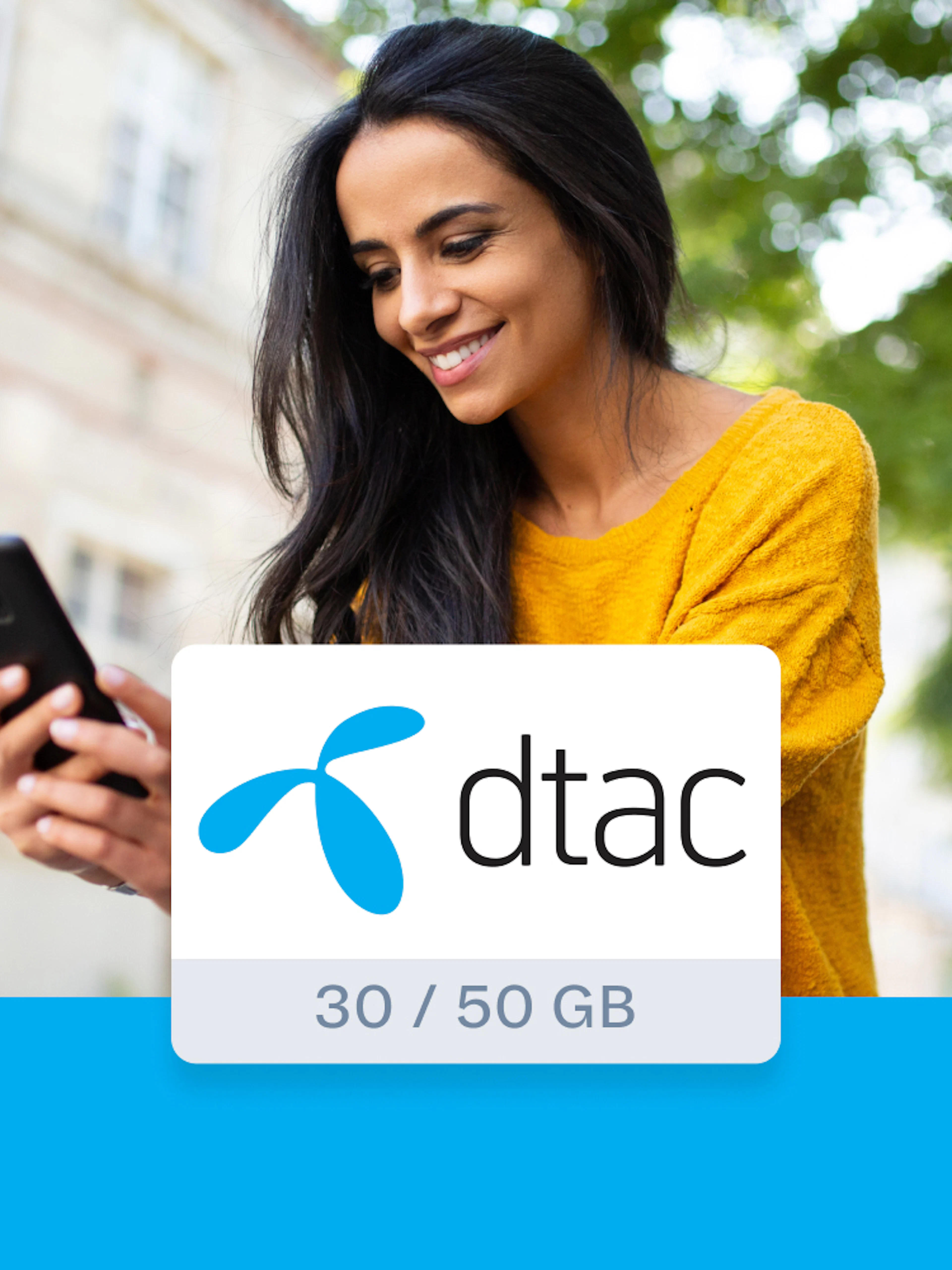 Woman using smartphone with dtac 4G Tourist SIM Card in Bangkok.