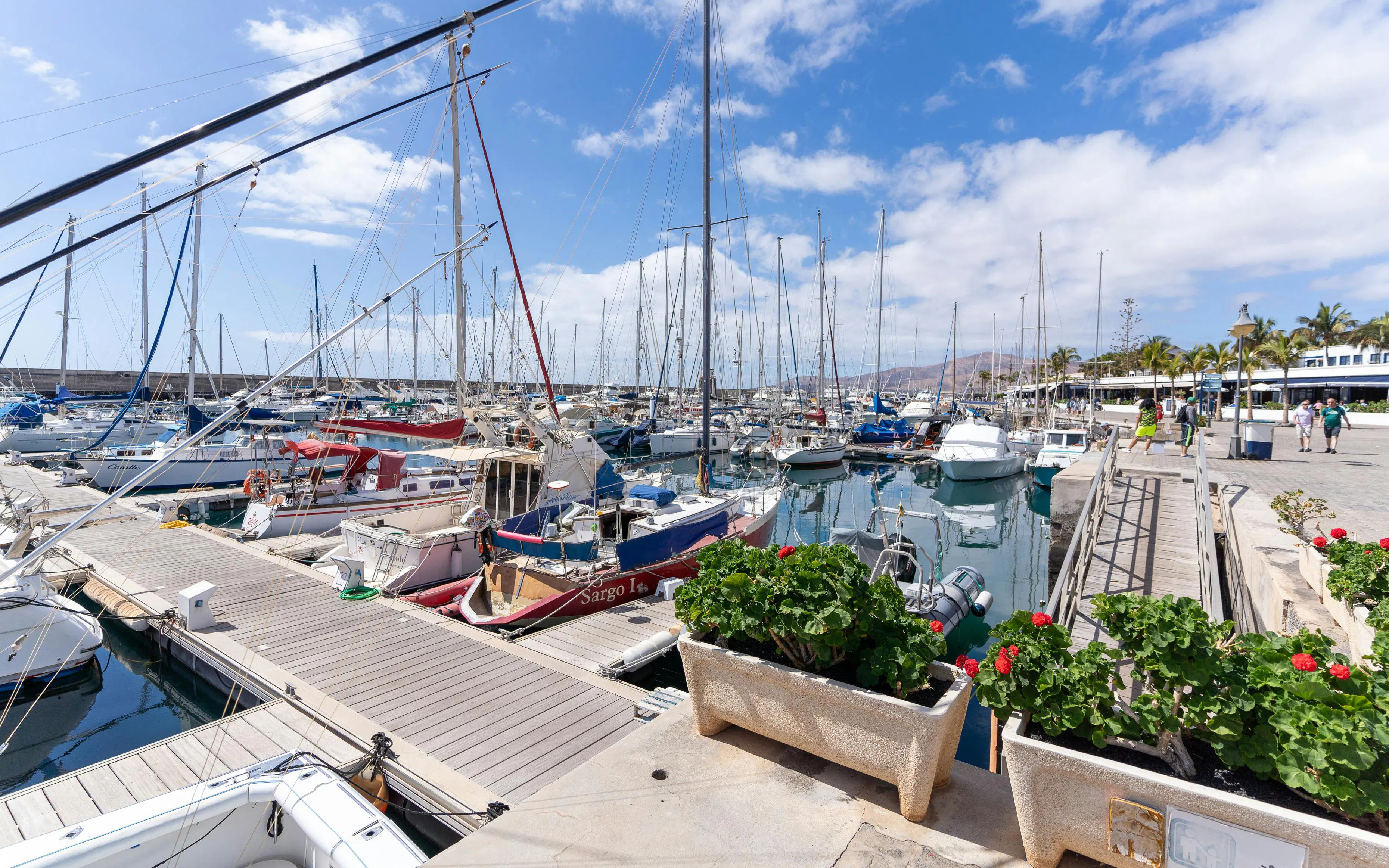 Boats docked at Puerto del Carmen marina with clear skies and waterfront walkway.