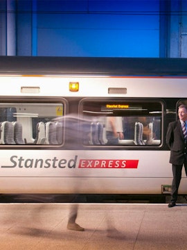 Stansted Express train at platform, London Stansted Airport.