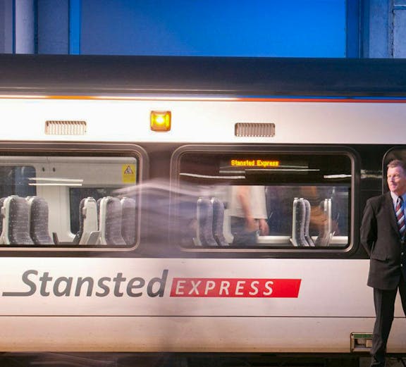 Stansted Express train at platform, London Stansted Airport.