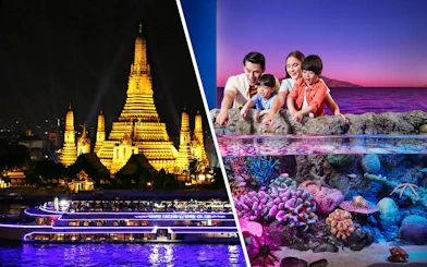 River cruise boat illuminated at night passing Wat Arun temple in Bangkok.