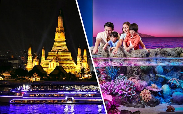 River cruise boat illuminated at night passing Wat Arun temple in Bangkok.