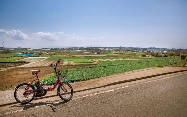 Bicycle on a rural road overlooking fields on a day trip through the Keikyu Line to Misaki Maguro.
