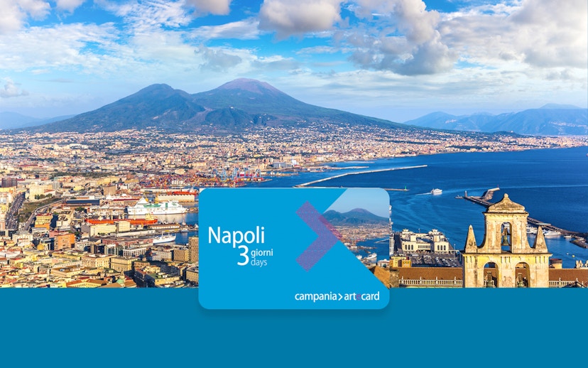 Naples cityscape with Mount Vesuvius and Artecard Napoli 3 Museum Pass.