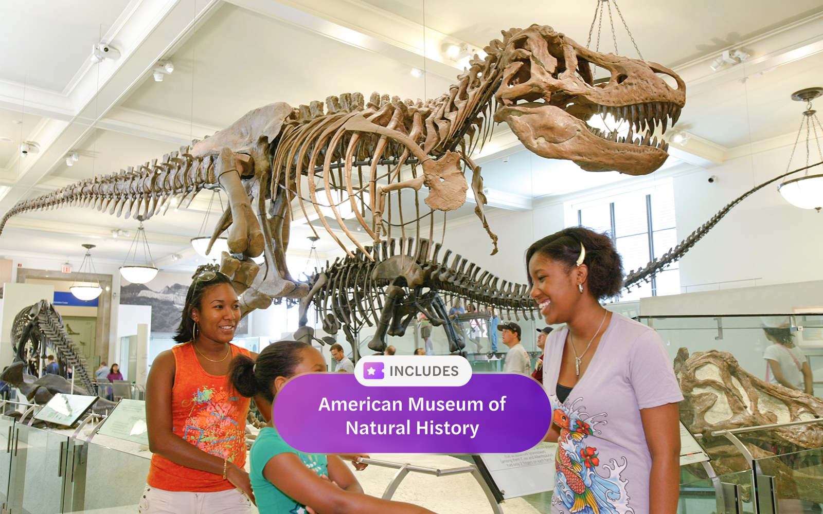 American Museum of Natural History dinosaur exhibit with visitors in New York.