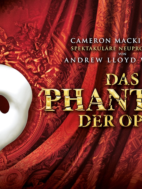 Phantom of the Opera mask with ornate red background, Vienna musical tickets.