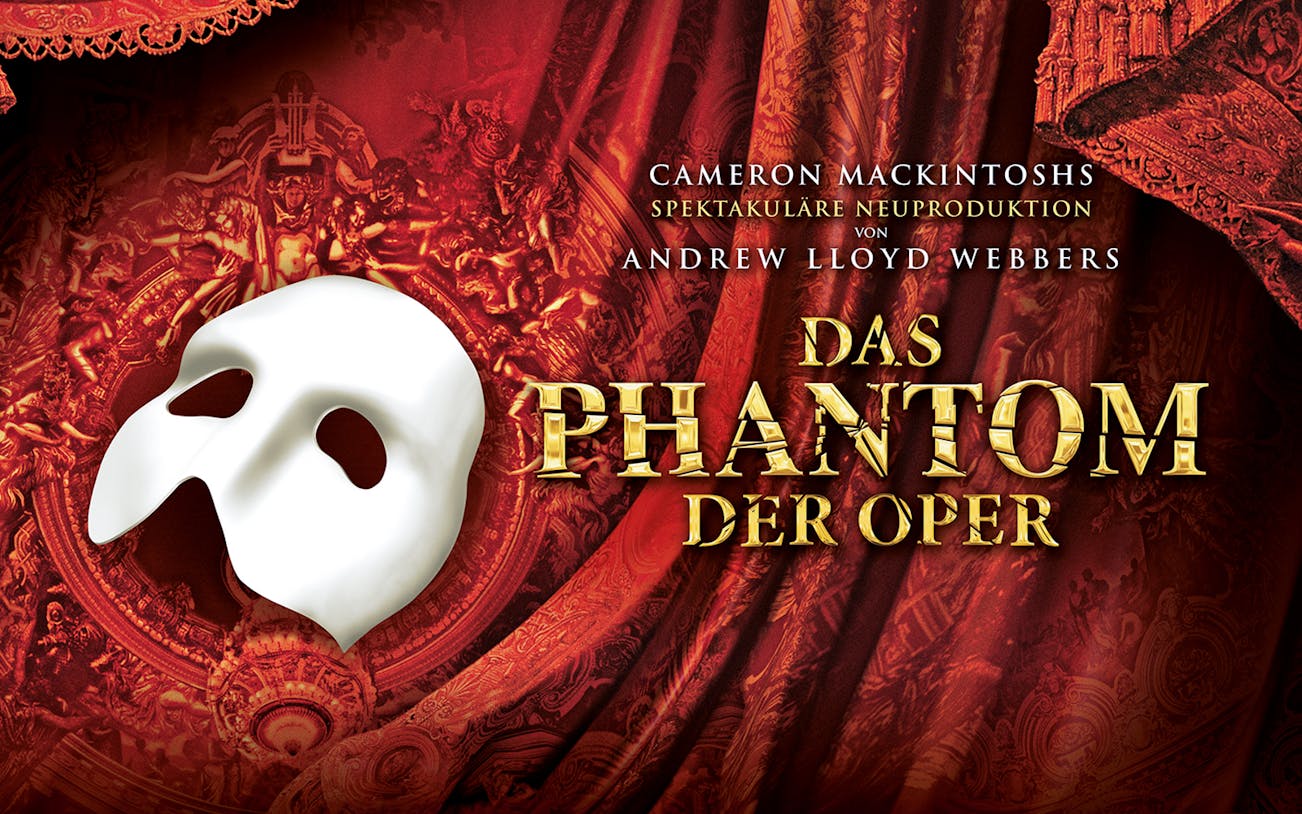 Phantom of the Opera mask with ornate red background, Vienna musical tickets.