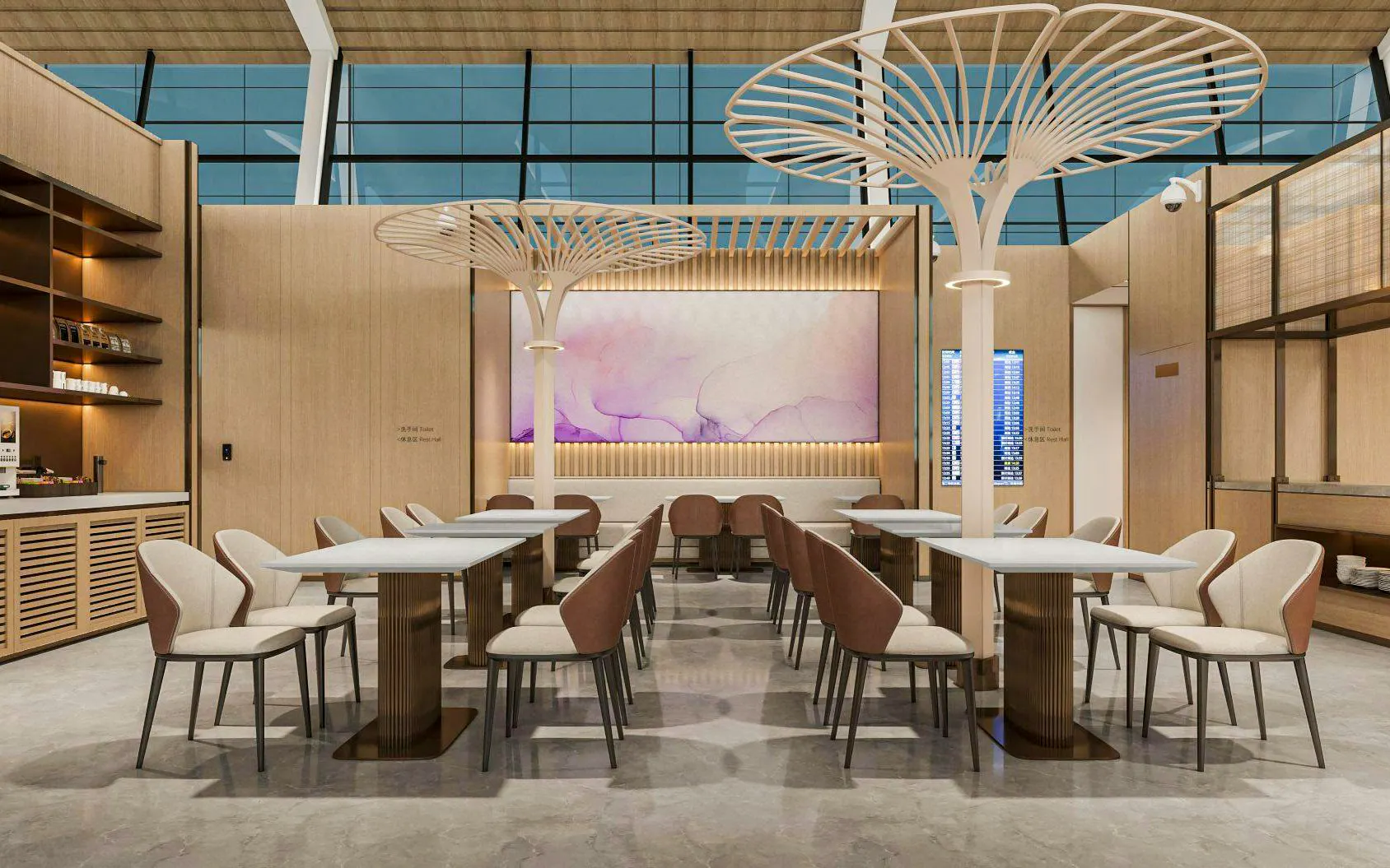 Waiting area seating with modern decor at Shanghai Pudong International Airport Terminal 2.