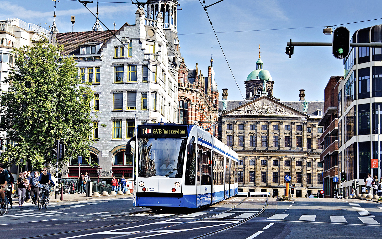 Tram in Amsterdam near Royal Palace on Dam Square, part of GVB Public Transport Pass.