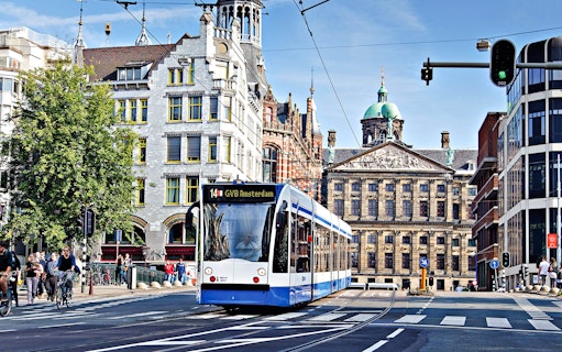 Tram in Amsterdam near Royal Palace on Dam Square, part of GVB Public Transport Pass.