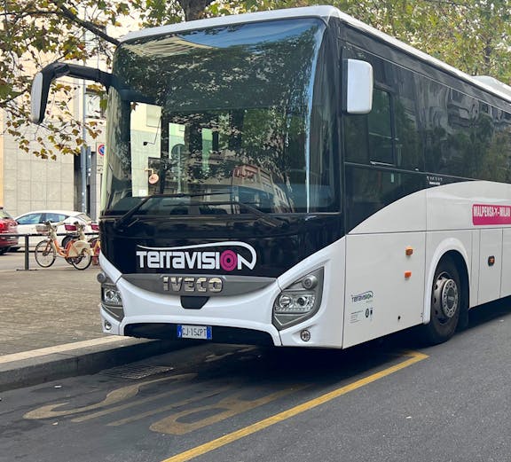 Terravision bus parked on a street in Rome, Italy.