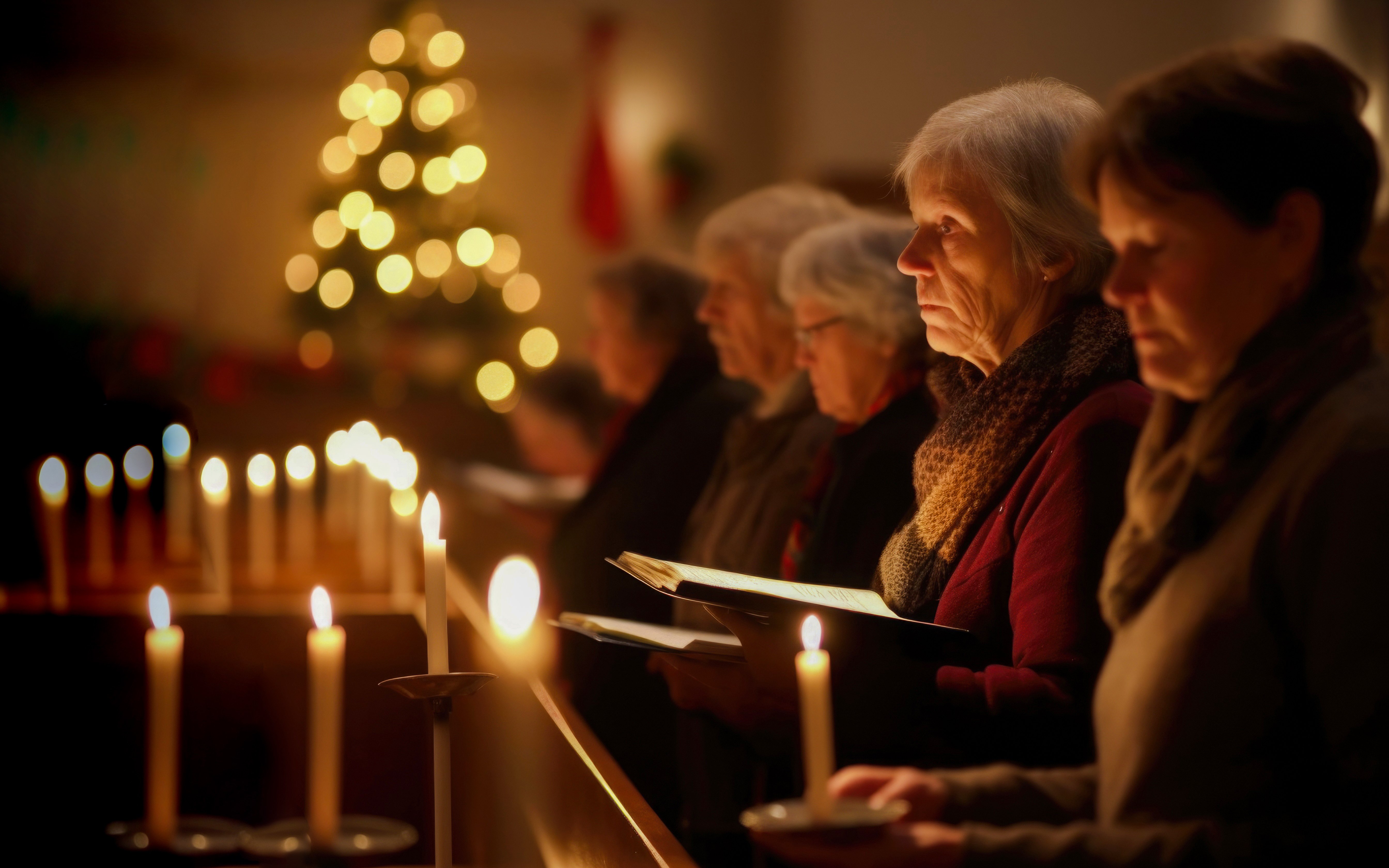 Congregation holding candles during Christmas service at Canterbury Cathedral.