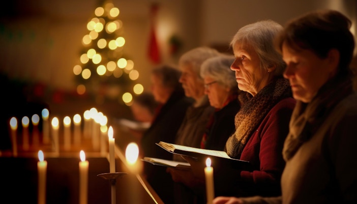 Congregation holding candles during Christmas service at Canterbury Cathedral.