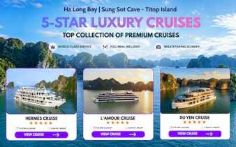 Ha Long Bay 5-star cruises with views of limestone islands and Sung Sot Cave.