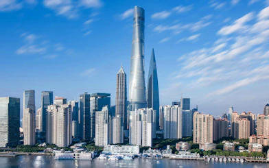 Shanghai Tower in Lujiazui district, Pudong, surrounded by modern skyscrapers.