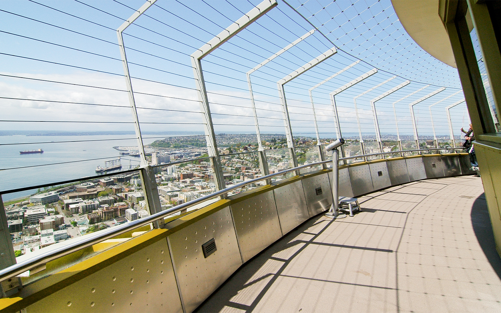 Seattle skyline and waterfront from Space Needle observation deck.