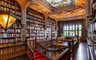 Lello Bookstore interior with ornate staircase and stained glass ceiling, Porto.