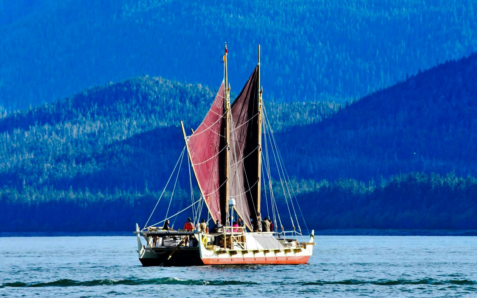 Catamaran sailing in Juneau waters with forested mountains in the background.