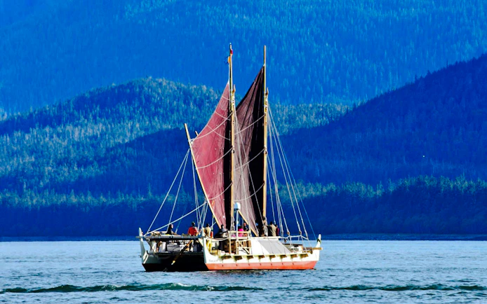 Catamaran sailing in Juneau waters with forested mountains in the background.