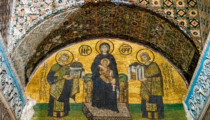 Mosaic depicting religious figures inside the Hagia Sophia Mosque, Istanbul.
