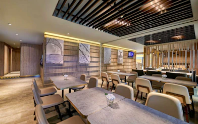 Plaza Premium Lounge seating area with modern decor and wall art.