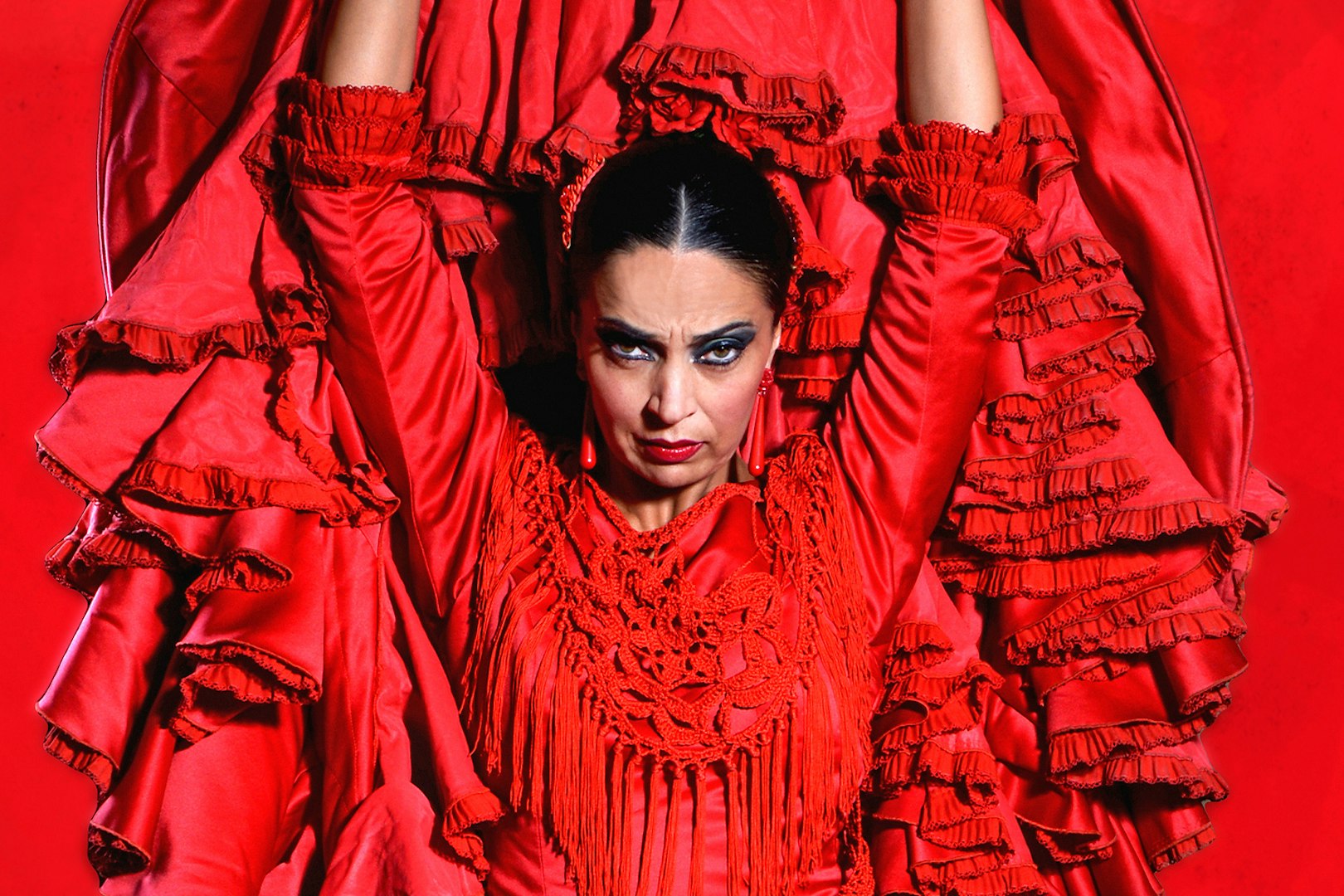 Flamenco dancer in red dress performing Pasión espectáculo flamenco.
