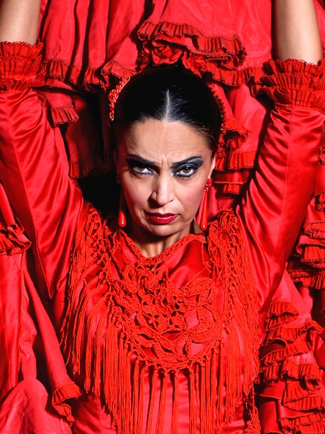 Flamenco dancer in red dress performing Pasión espectáculo flamenco.