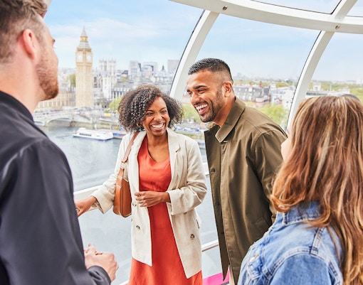 Group enjoying view inside the London Eye with Big Ben in the background.