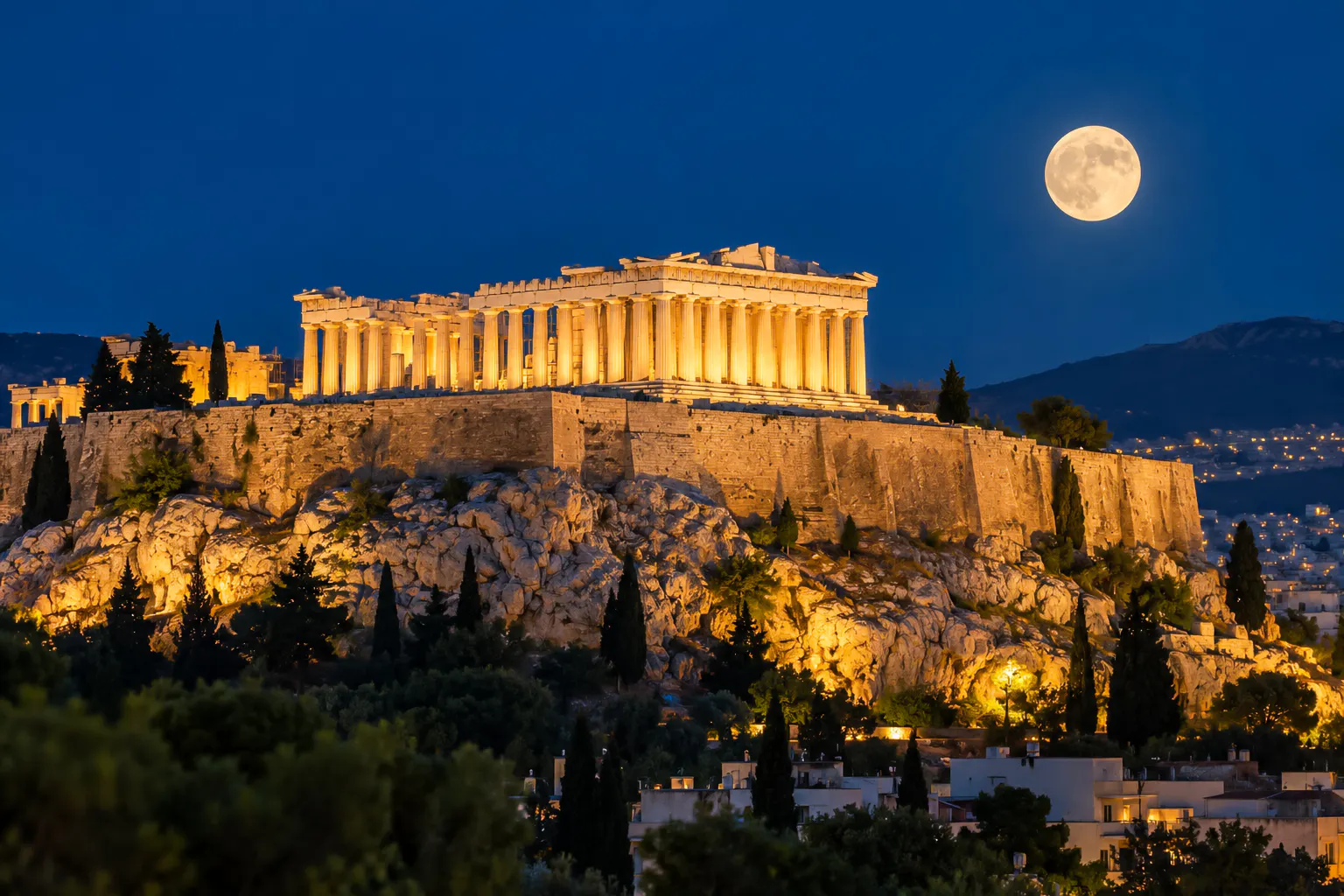 Acropolis illuminated at night with full moon, Athens.
