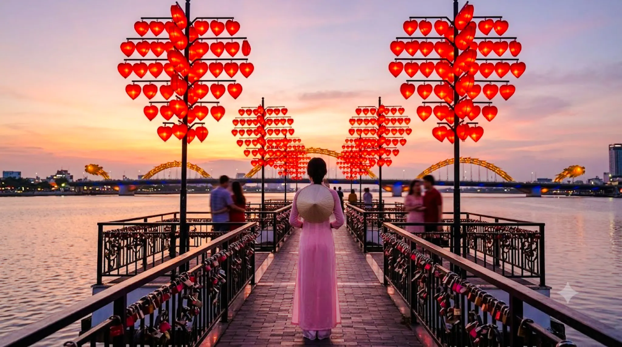 Woman in traditional dress on Da Nang's Love Bridge at sunset with heart lanterns.