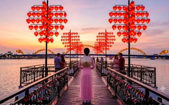 Woman in traditional dress on Da Nang's Love Bridge at sunset with heart lanterns.