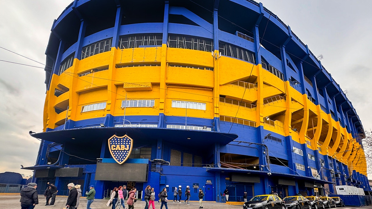 Fans gathering outside La Bombonera stadium in Buenos Aires, Argentina.